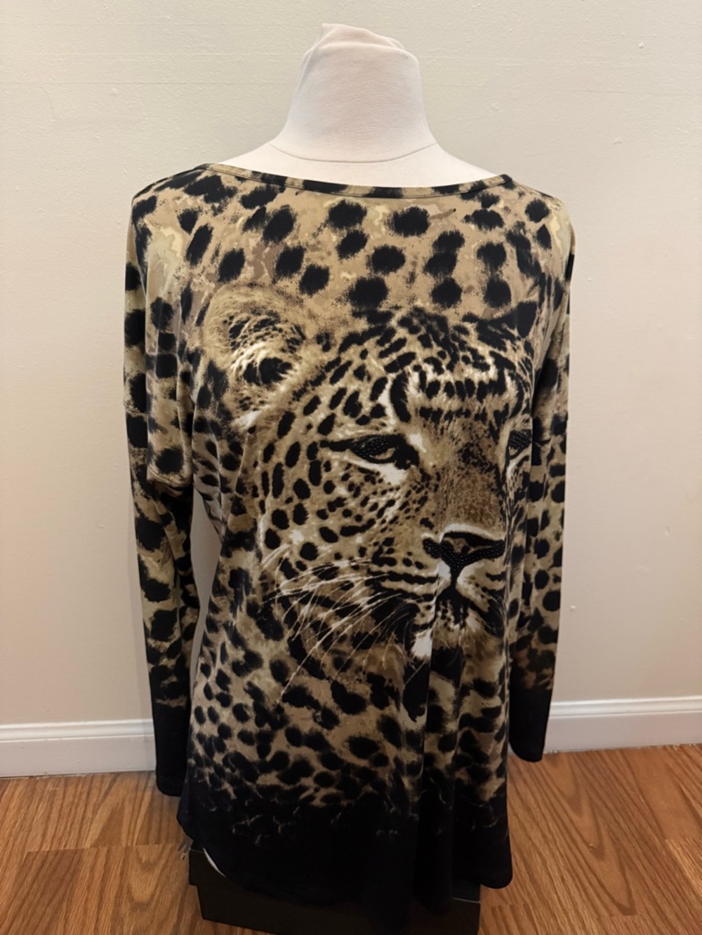 Multiples Leopard Face Print Long Sleeve Top - Tan & Black